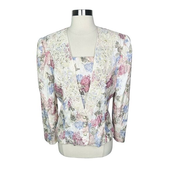 Vintage 80’s Jessica McClintock Gunne Sax Floral Pearl Detail Blouse - Size 16 - Picture 1 of 9